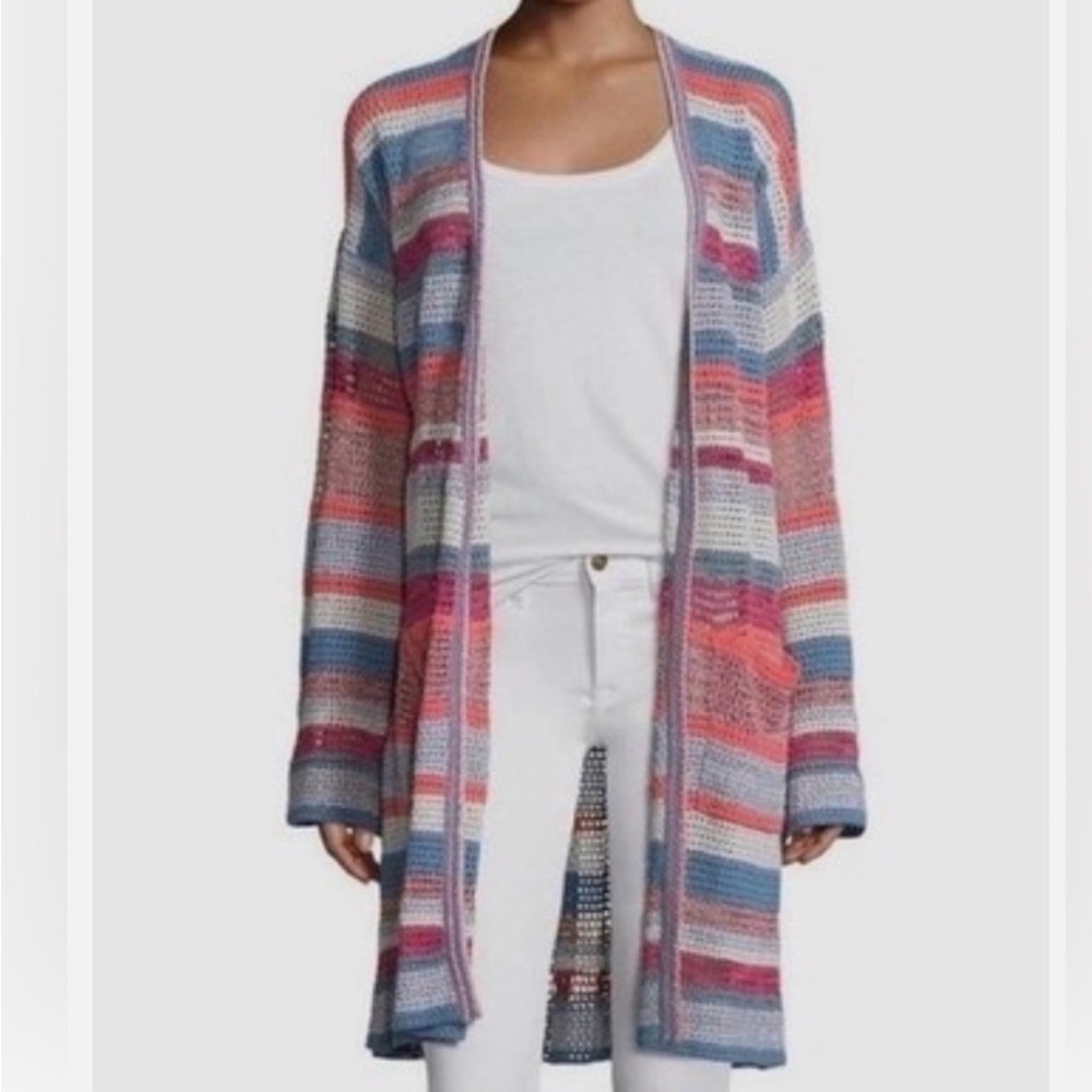 Zadig & Voltaire Celia Ho Midi Open Front Cardigan Striped Crochet Knit -MED-EUC